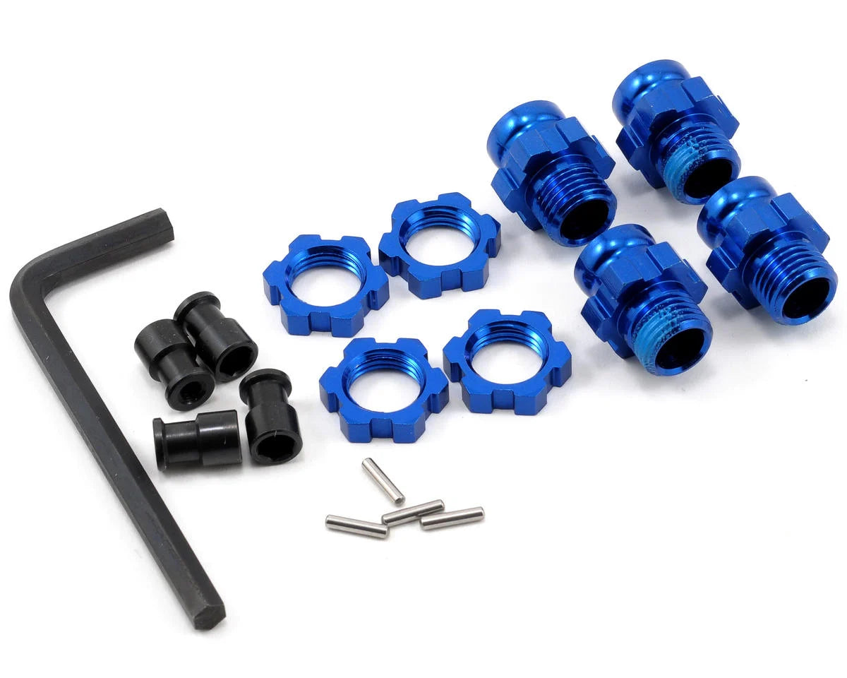 Bujes de rueda, estriados, 17 mm, cortos (4)/ tuercas de rueda, estriadas, 17 mm (4) (anodizado en azul)/ retenedor de buje M4 X 0,7 (4)/ pasador del eje (4)/ llave, 5 mm